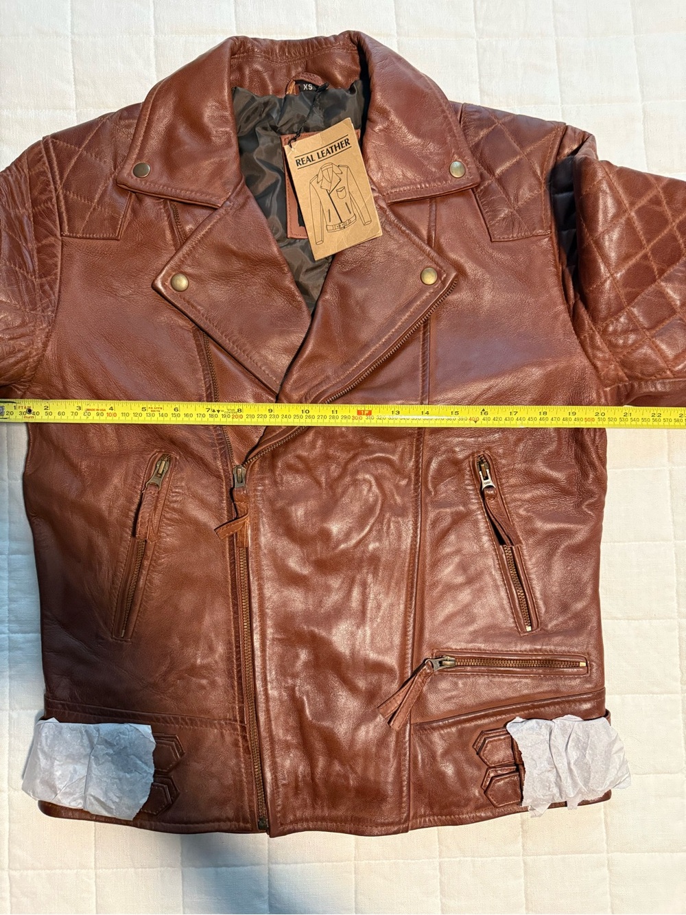 Men's Quilted Asymmetrical Cognac Leather Biker Fashion Jacket, XS - Picture 10 of 10